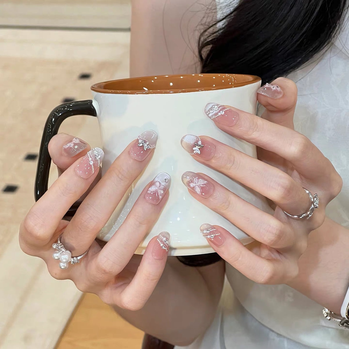 Nude gradient butterfly patch press-on nail art series