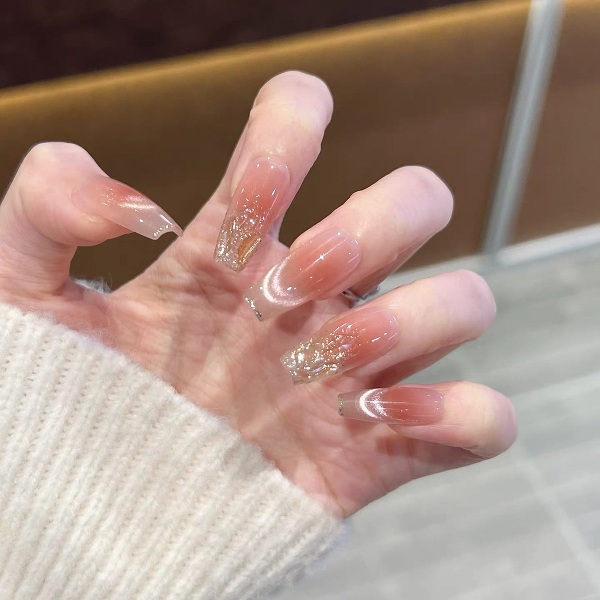 Pink gradient cat eye gold glitter press-on nail art series