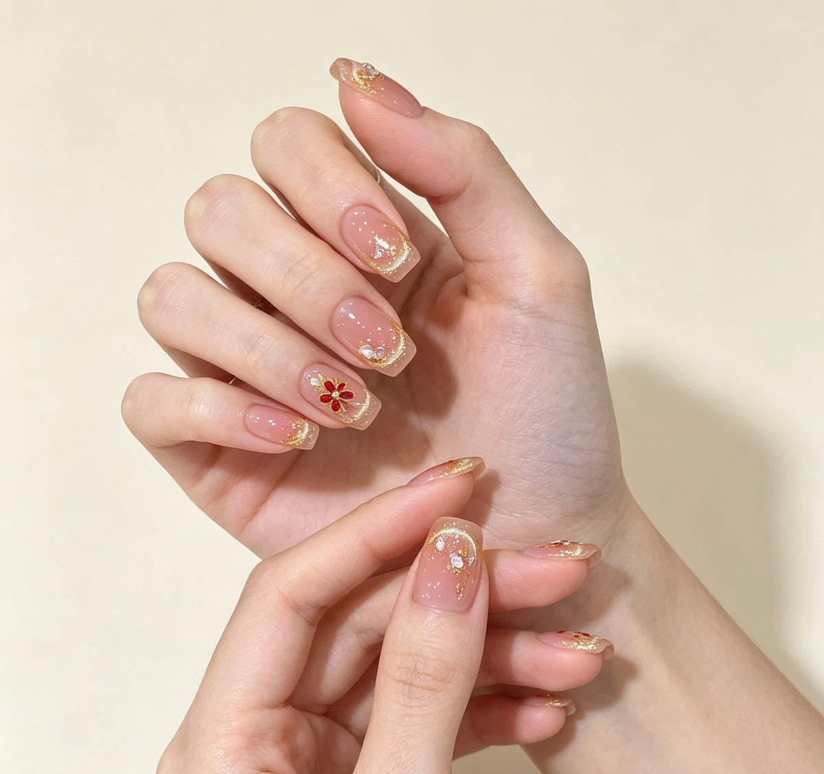 0.62-inch square nude pink gold glitter hand-applied press-on nail art