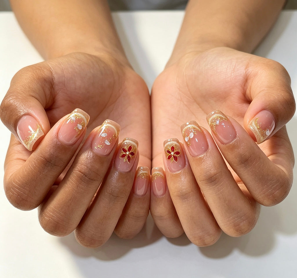 0.62-inch square nude pink gold glitter hand-applied press-on nail art