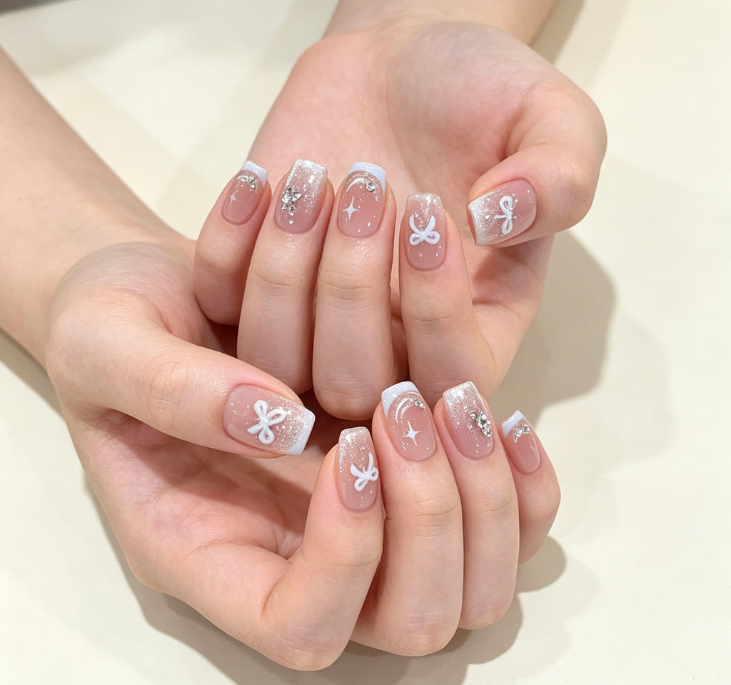 0.62 inch square pink cat eye glitter bow wearing nail art