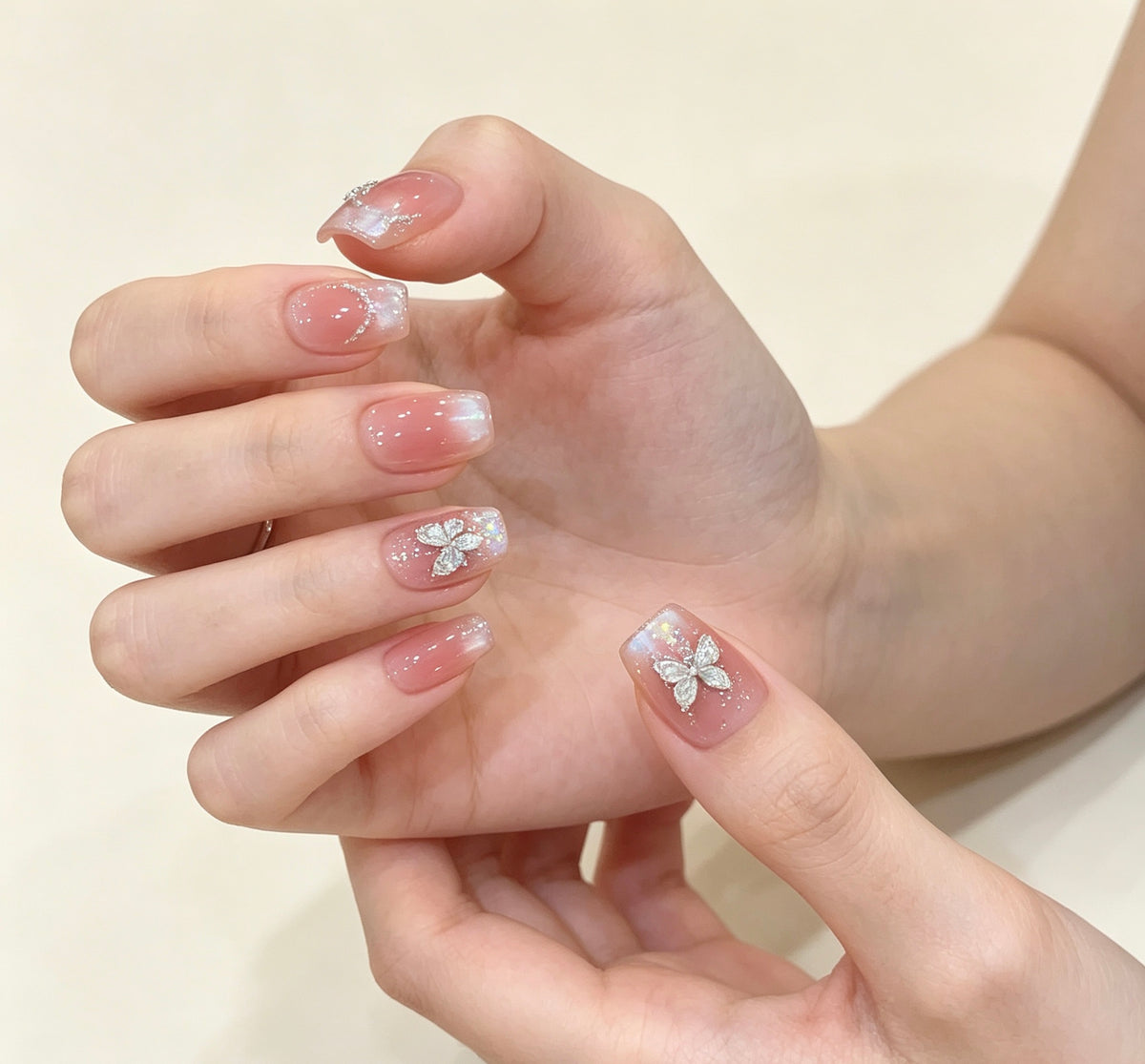 0.62 inch square nude pink gradient butterfly cat eye wearing nail art