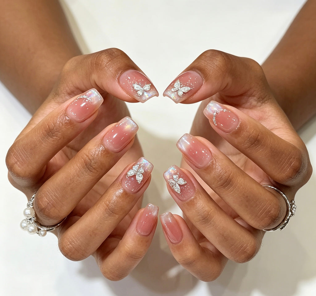 0.62 inch square nude pink gradient butterfly cat eye wearing nail art