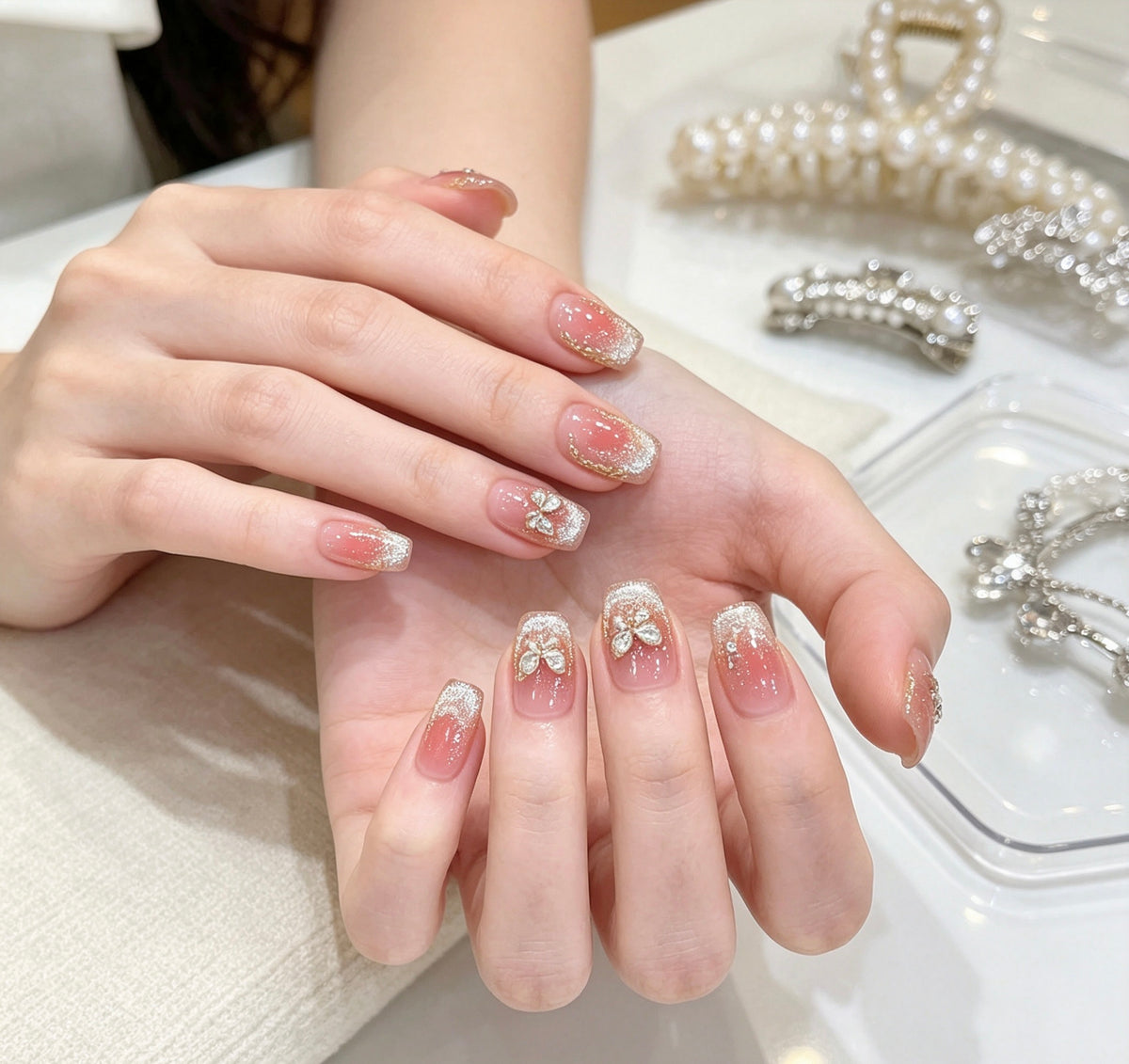 0.62 inch square pink gradient glitter butterfly cat eye wearing nail art