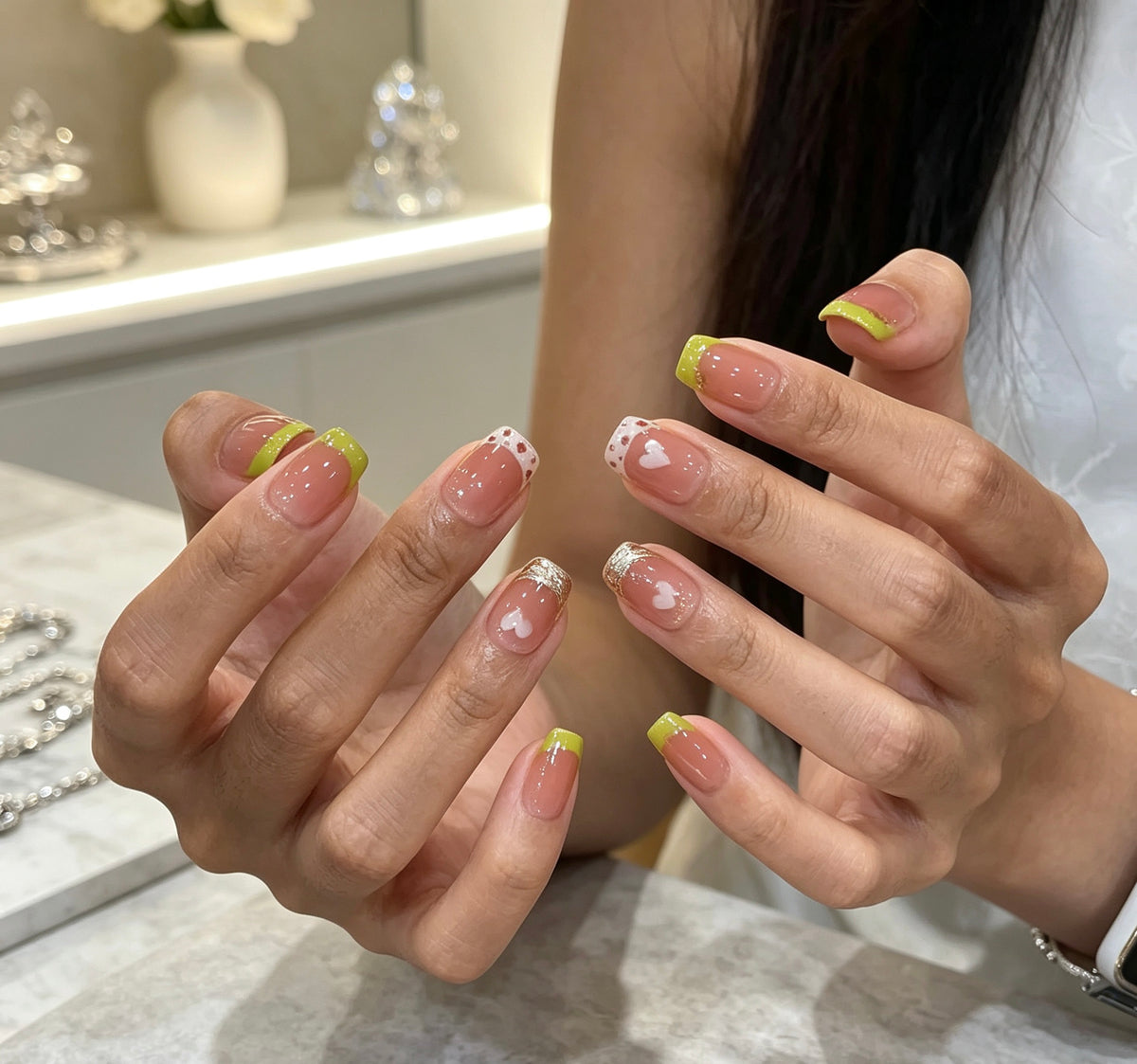 0.62 inch square French flesh color solid color polka dot tip wearing nail art