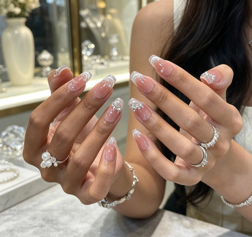 0.78-inch French pointed glitter pink wearable nail art