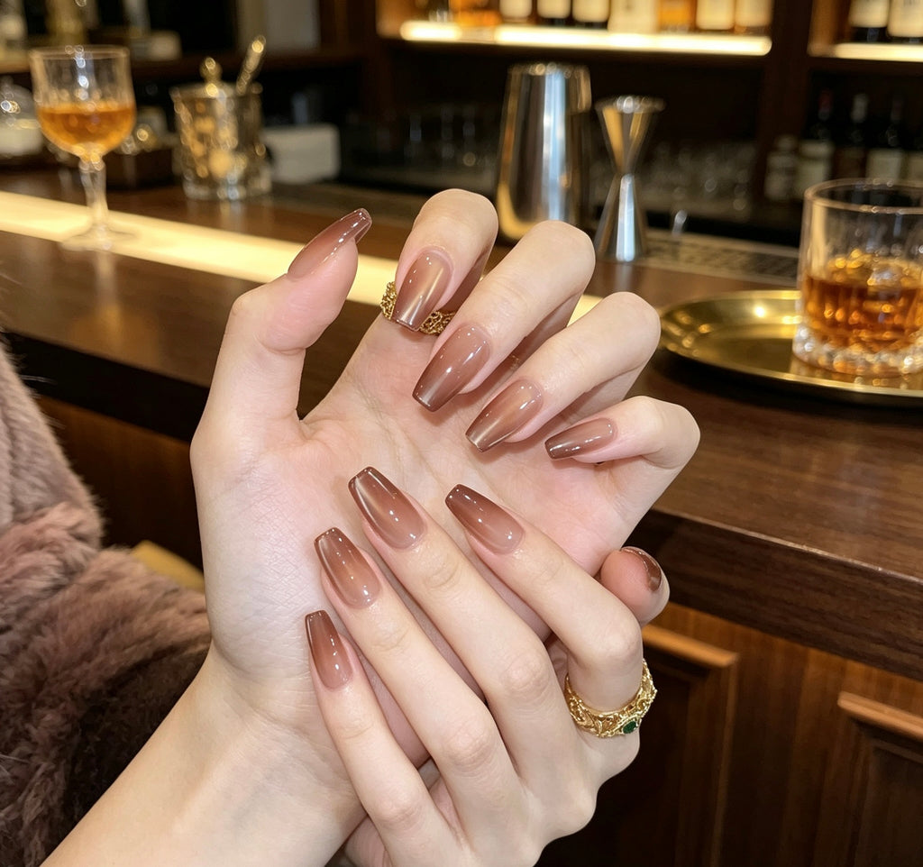 0.78-inch trapezoidal light brown cat eye wearing nail art