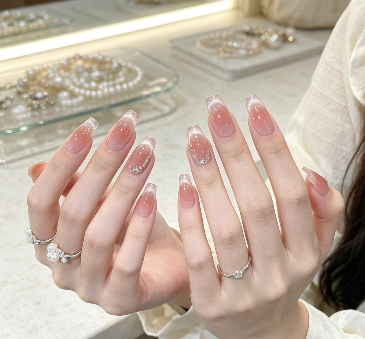 0.7 inch trapezoidal pink cat eye gradient wearing nail art