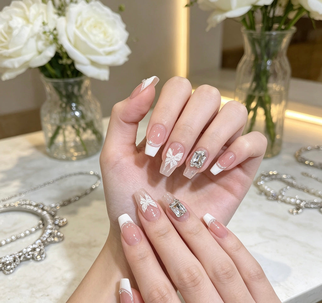 0.78-inch trapezoidal French milky white pointed butterfly press nail art