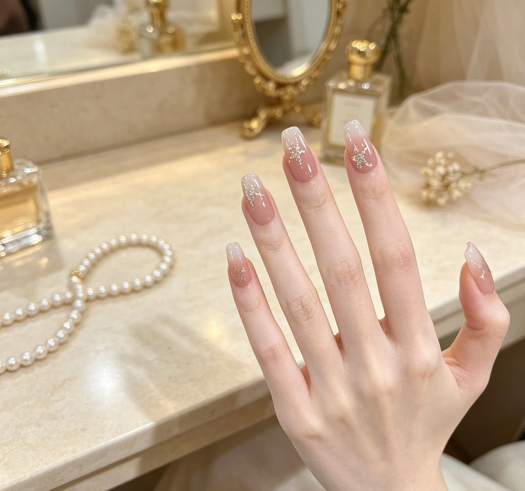 0.78-inch trapezoidal nude French beige pointed art pentagram diamond press nail art