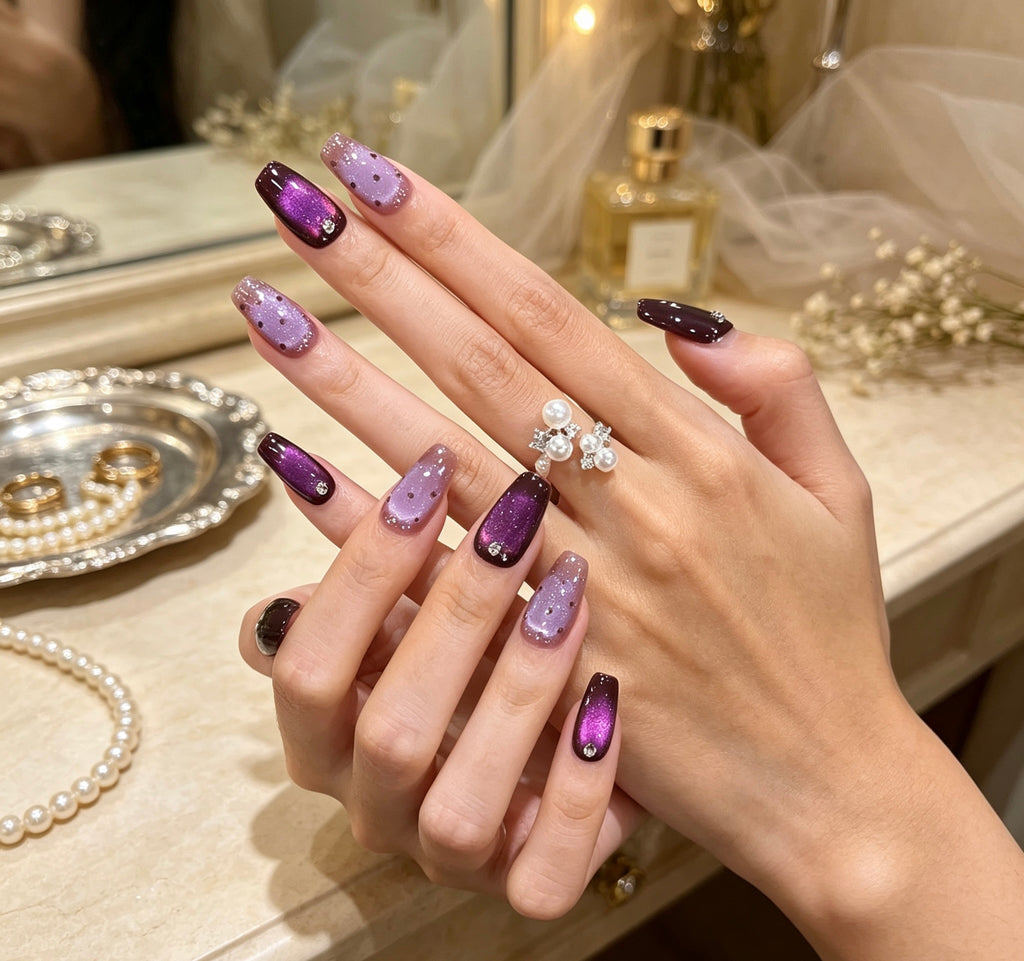 0.78-inch trapezoidal purple wave glitter press nail art