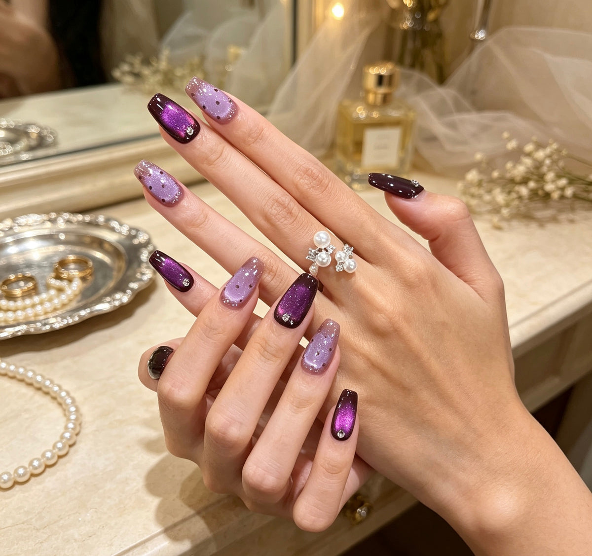 0.78-inch trapezoidal purple wave glitter press nail art