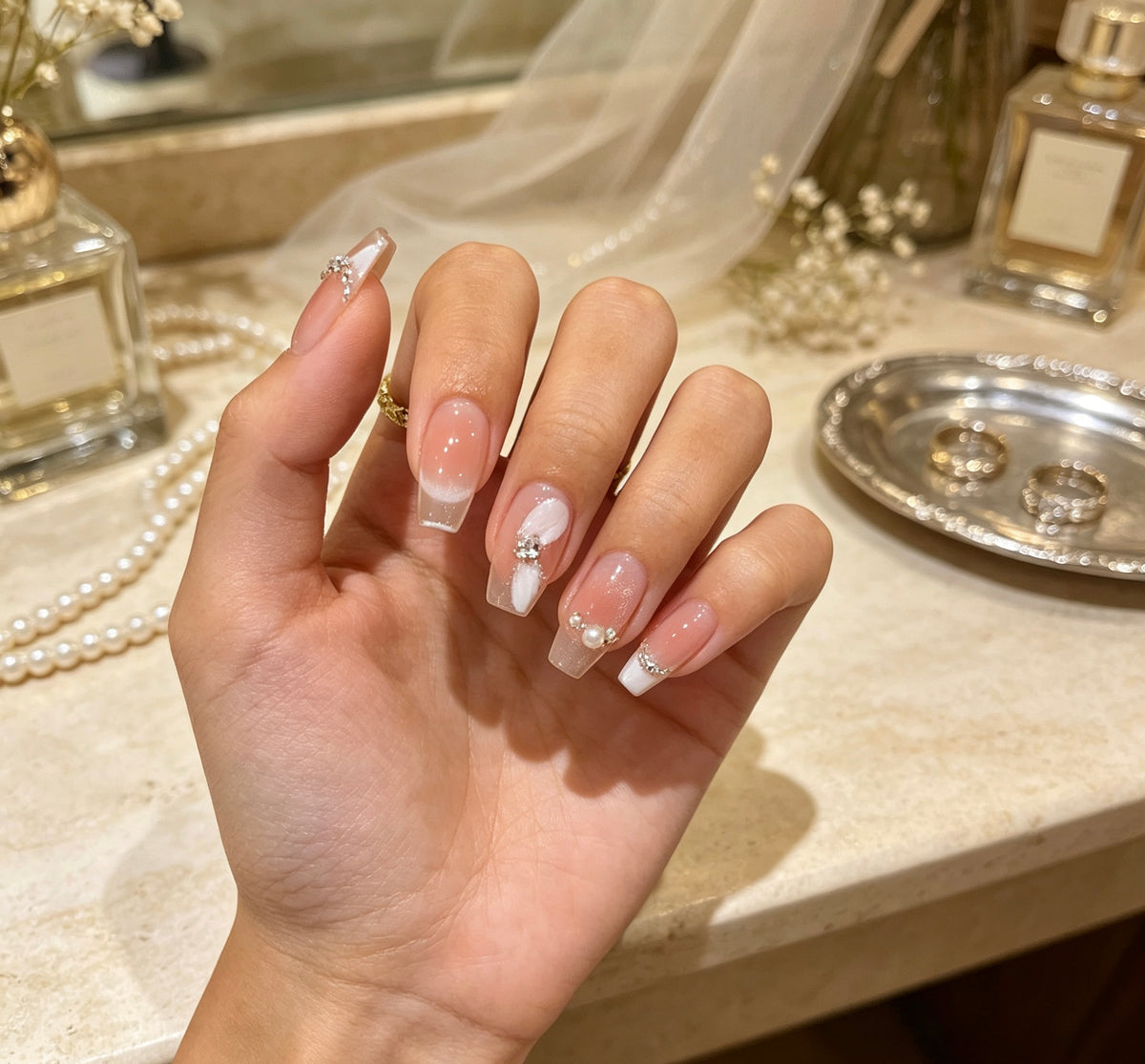 0.78-inch trapezoidal nude pink gradient ribbon press nail art