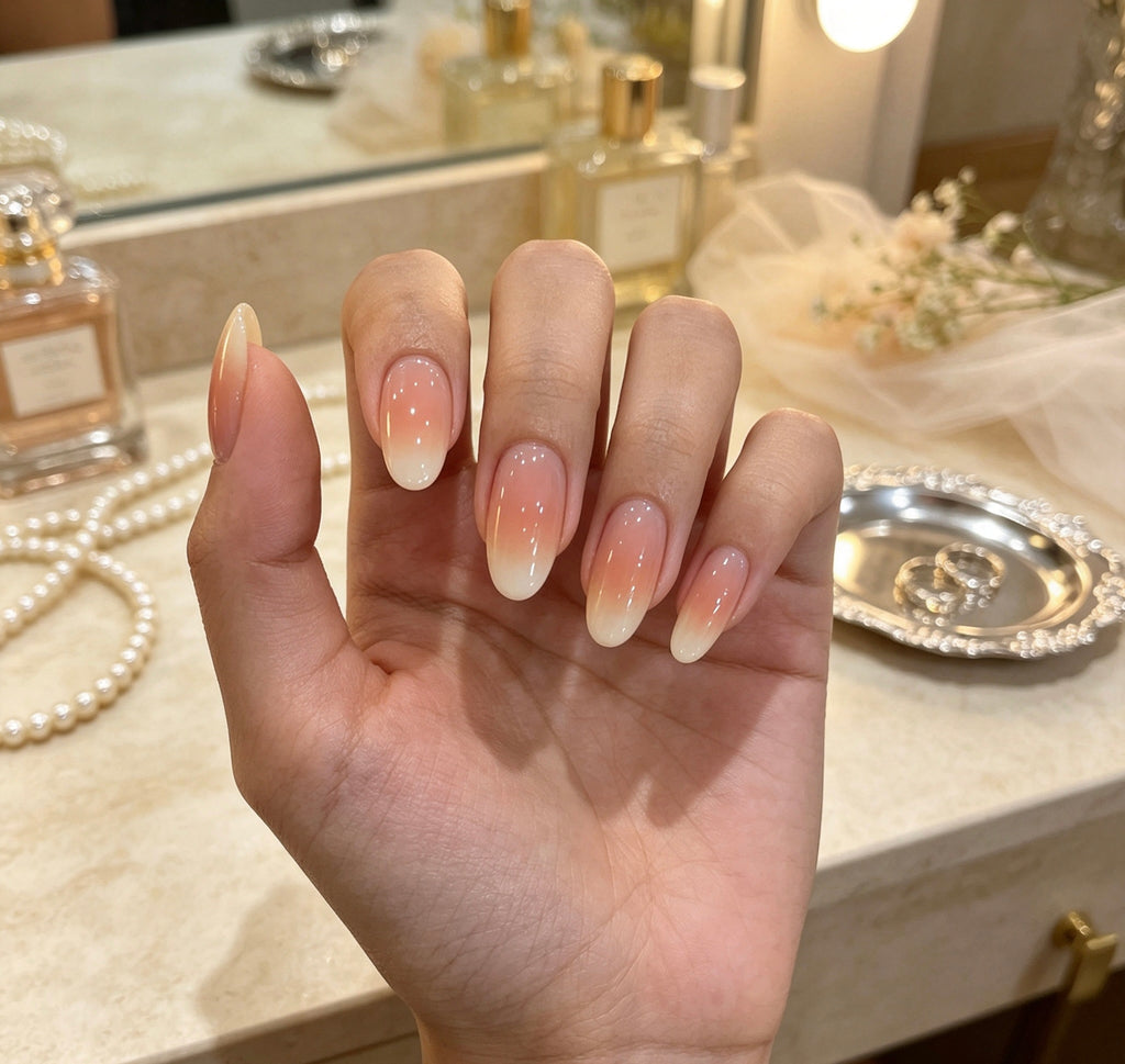 0.7-inch oval nude pink gradient French mango tip press nail art