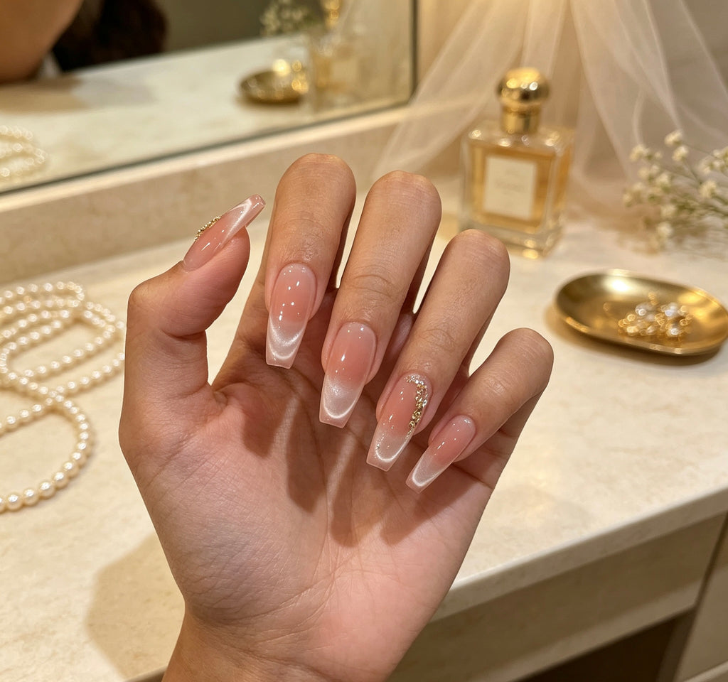 0.94-inch trapezoidal pink ripple gradient glitter wearing nail art