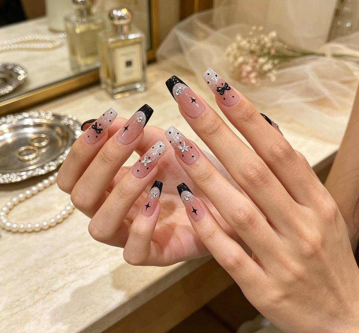 0.94-inch trapezoidal French nude pink gradient polka dot wearable nail art