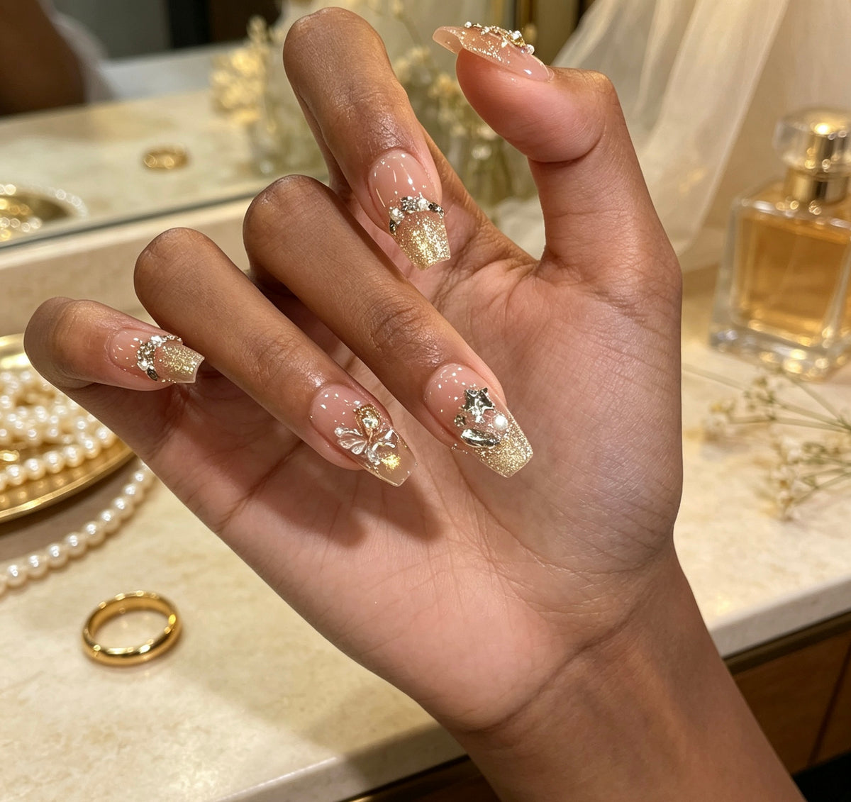0.94-inch trapezoidal nude gold glitter pink diamond wearing nail art
