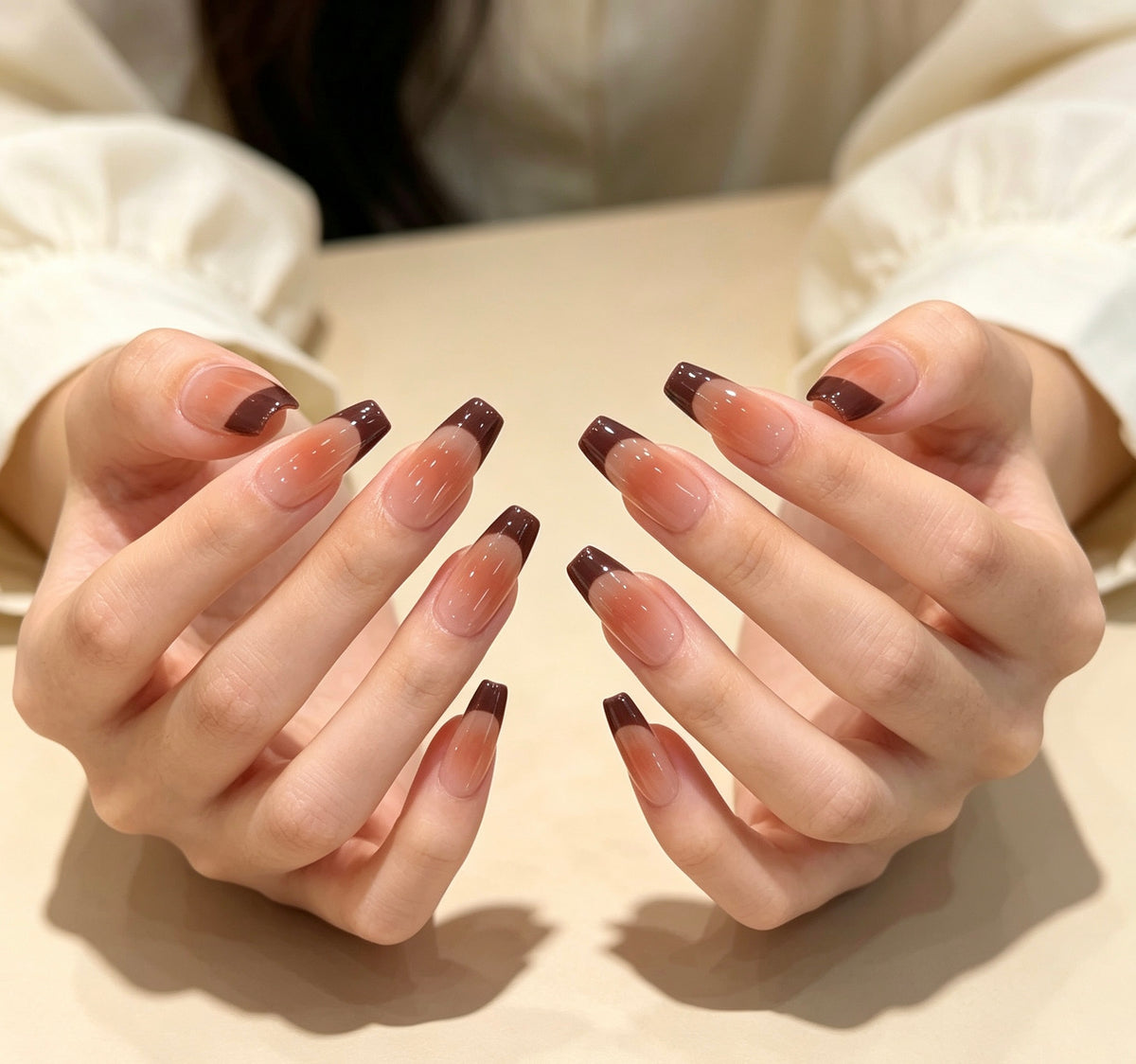 0.94-inch trapezoidal nude pink French gradient coffee pointed wearable nail art