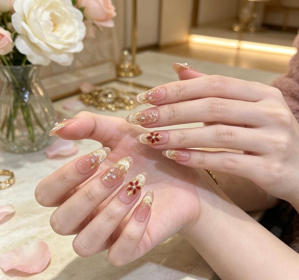 0.94-inch oval cat eye nude gradient glitter wearing nail art