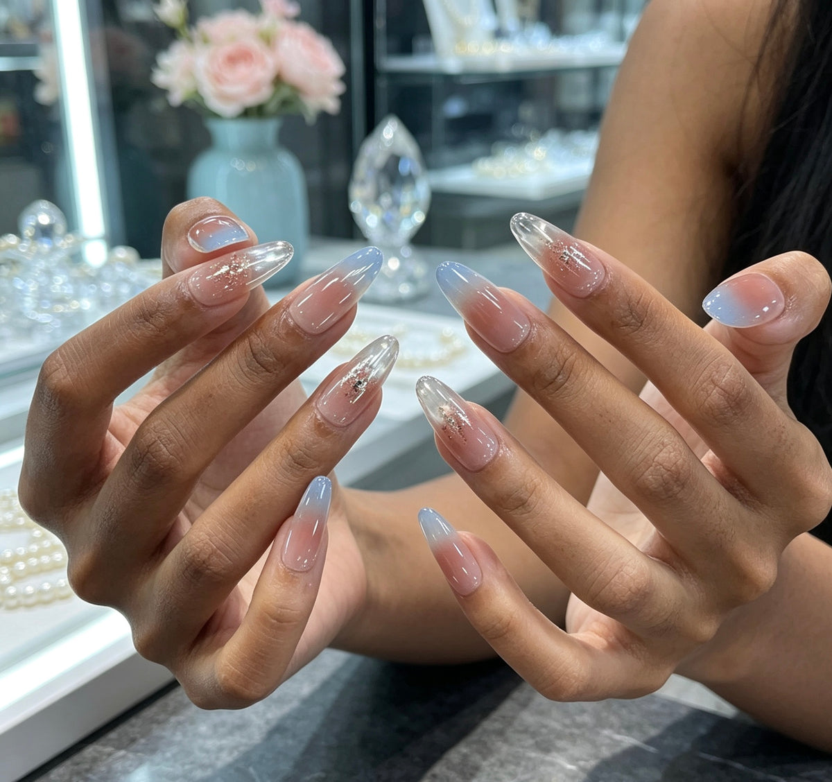 0.94-inch oval nude gradient light blue wearable nail art
