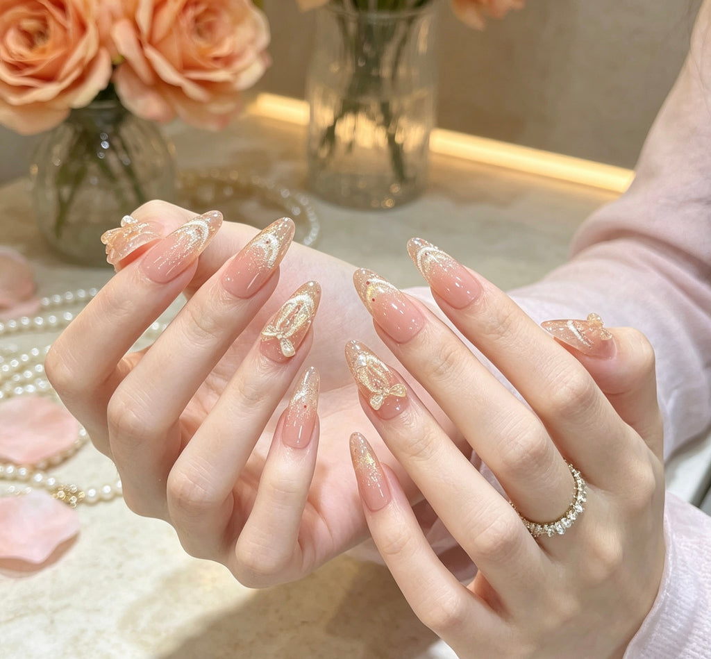 0.94-inch oval nude glitter gradient bow wearing nail art