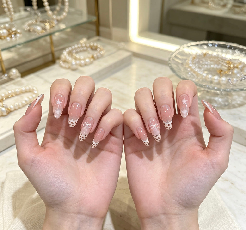 0.94-inch oval nude gradient leopard print French pointed solid color nail art