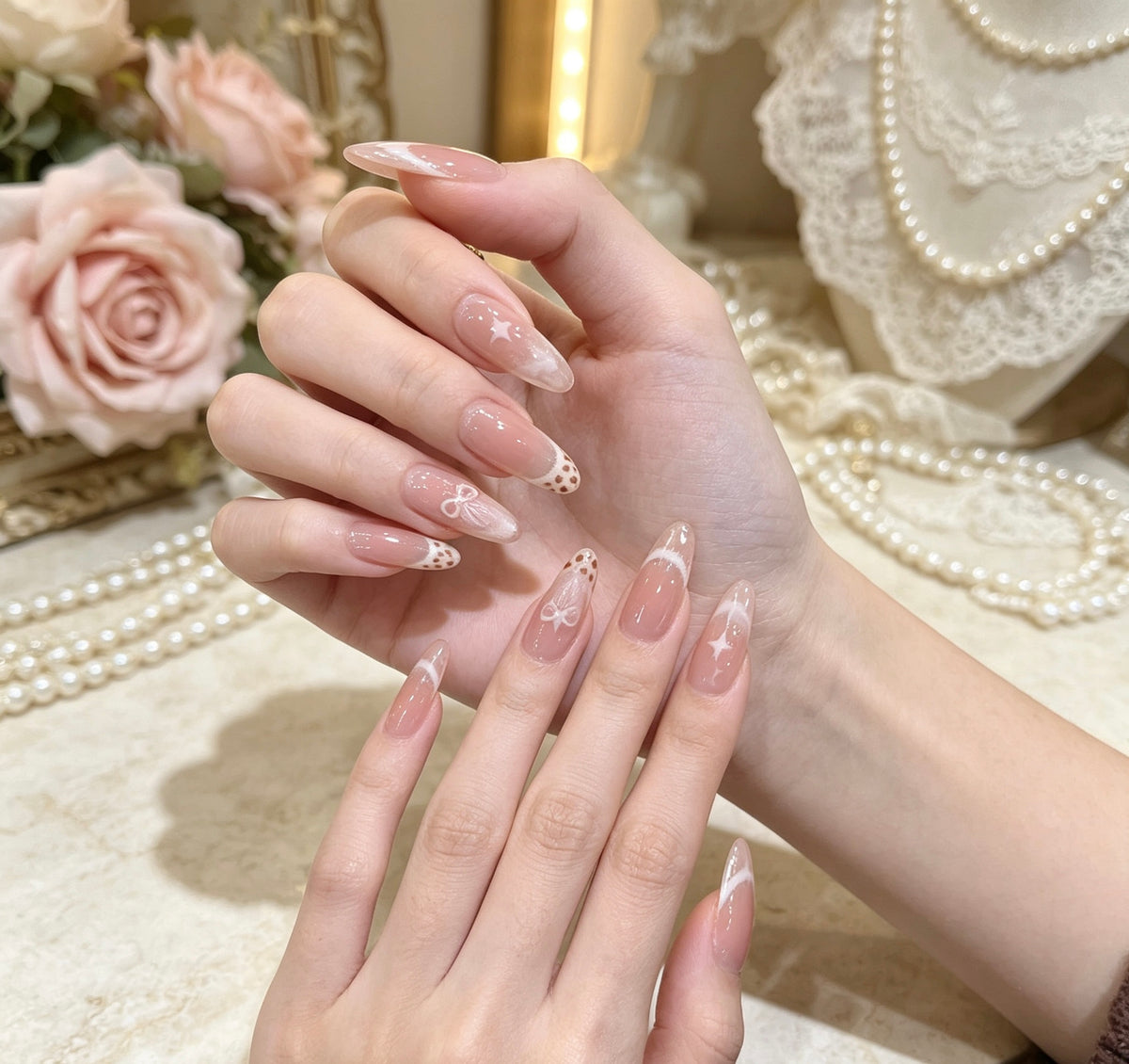 0.94-inch oval nude gradient leopard print French pointed solid color nail art