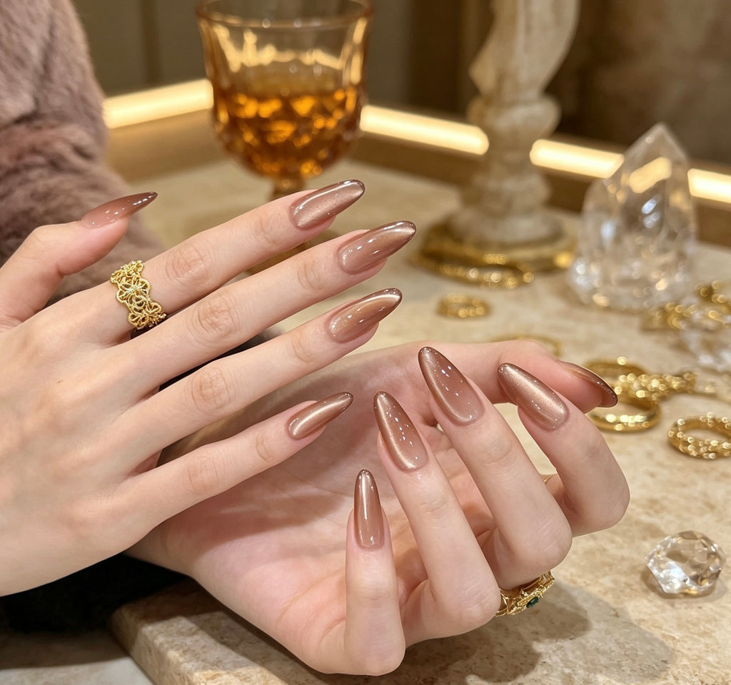 0.94-inch oval light brown glitter press nail art