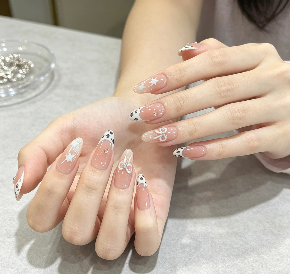 0.94-inch oval nude French leopard print tip press nail art