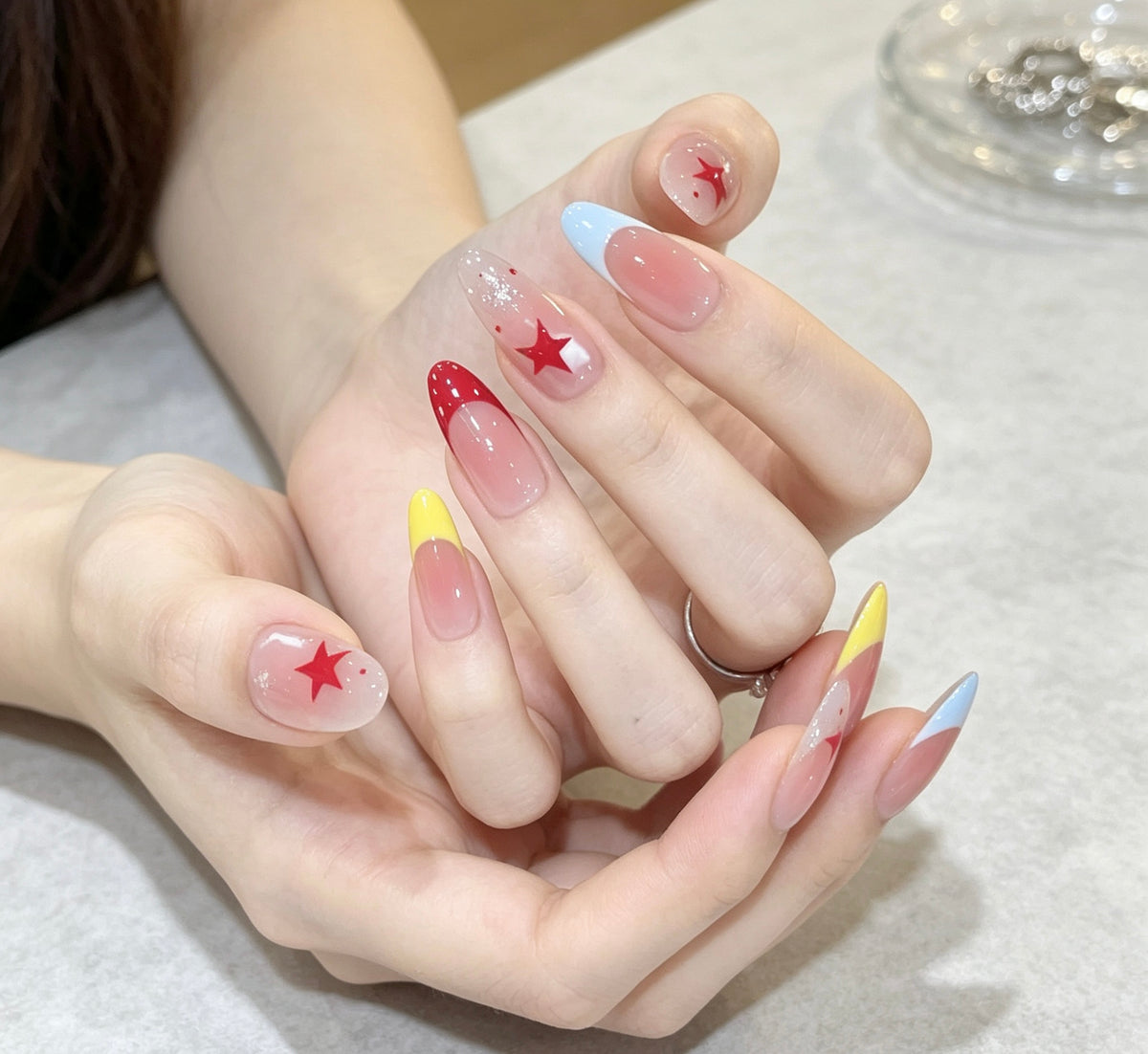 0.94-inch oval nude French colorful pointed press nail art