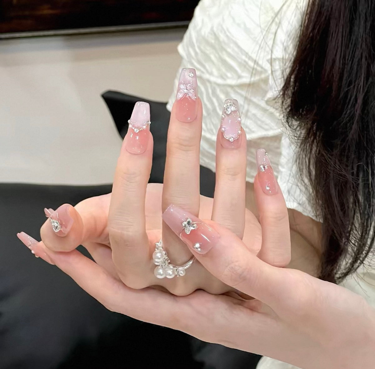 0.78-inch conical French pink hand-applied diamond art decal nail art