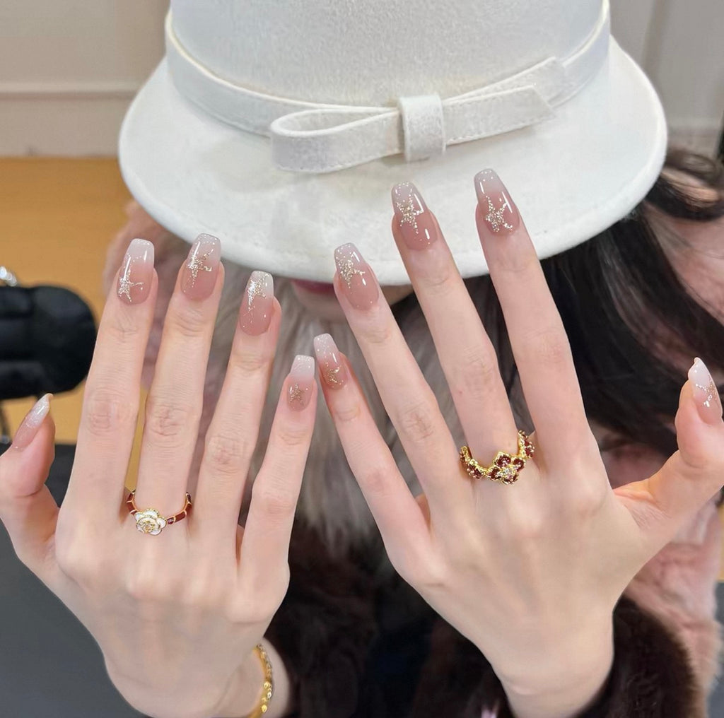 0.78-inch trapezoidal nude French beige pointed art pentagram diamond press nail art