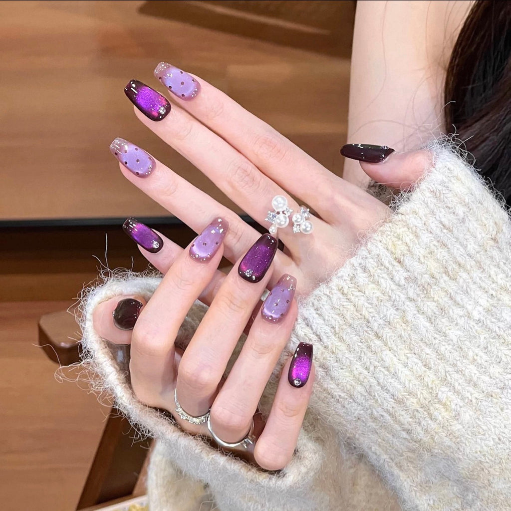 0.78-inch trapezoidal purple wave glitter press nail art