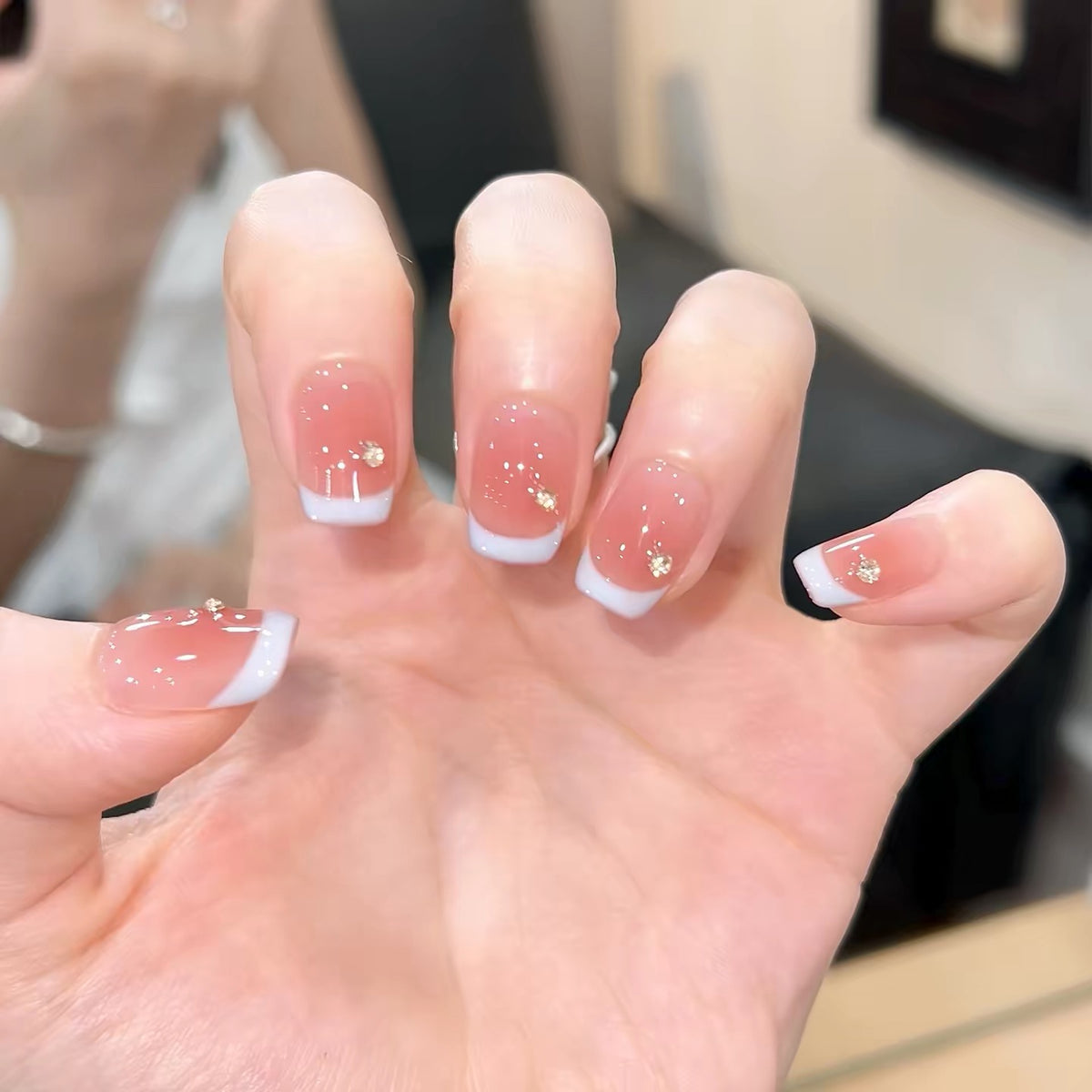 0.62 inch square French flesh cat eye gradient milky white wearing nail art