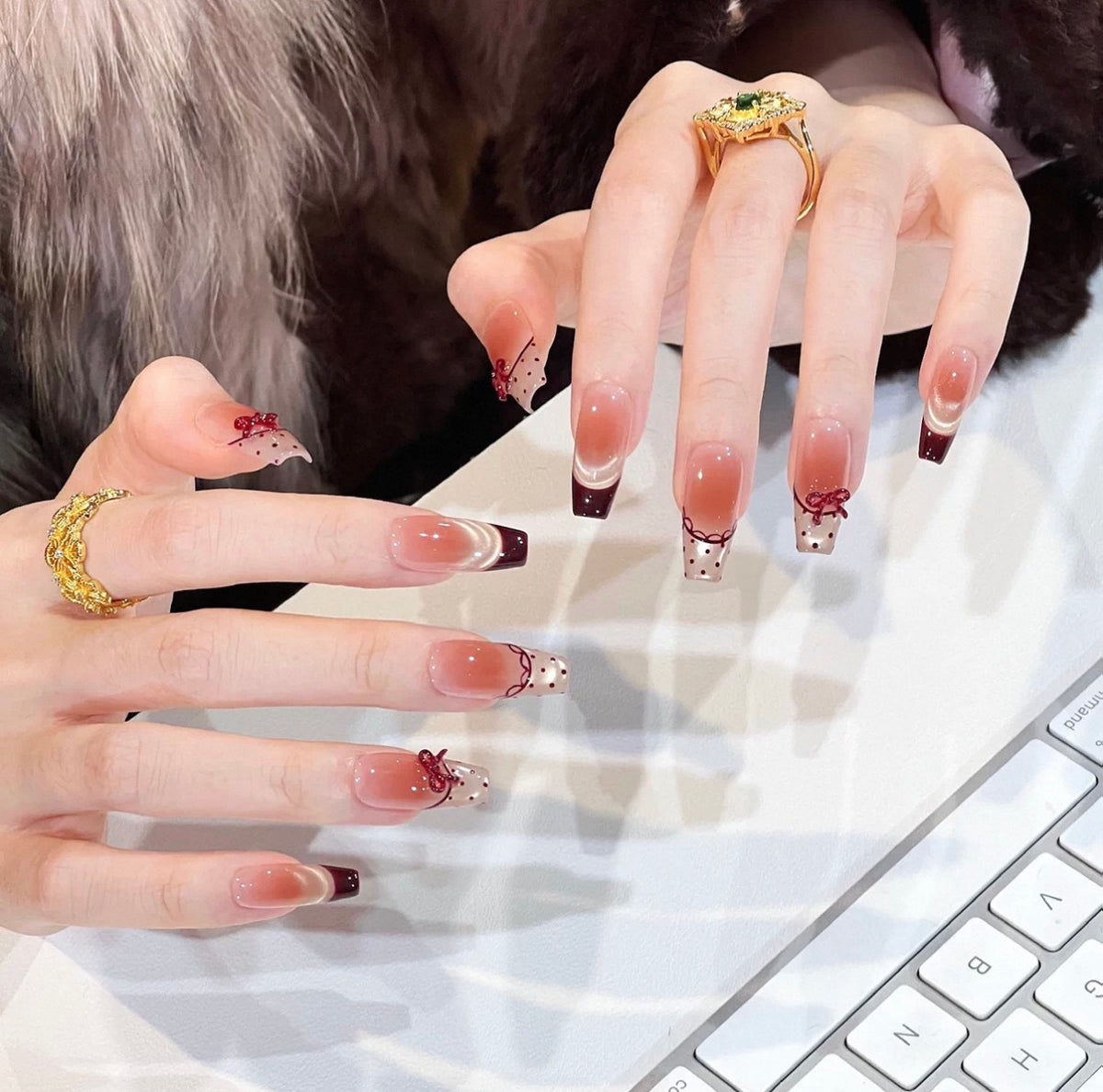 0.94-inch trapezoidal nude gradient French polka dot wearable nail art