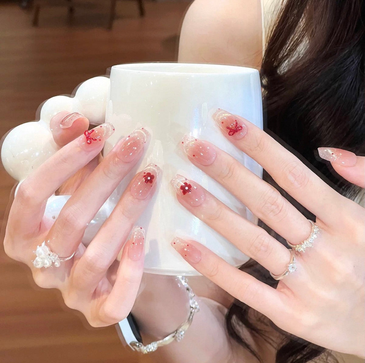 0.78-inch trapezoidal light pink gradient glitter small red flower patch press nail art