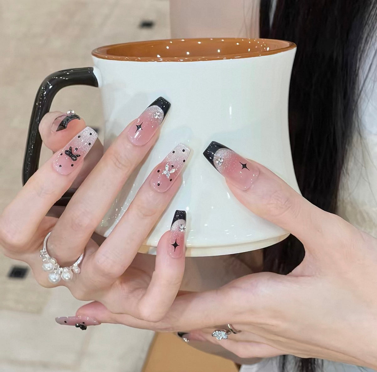 0.94-inch trapezoidal French nude pink gradient polka dot wearable nail art