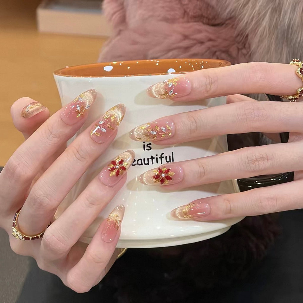 0.94-inch oval cat eye nude gradient glitter wearing nail art