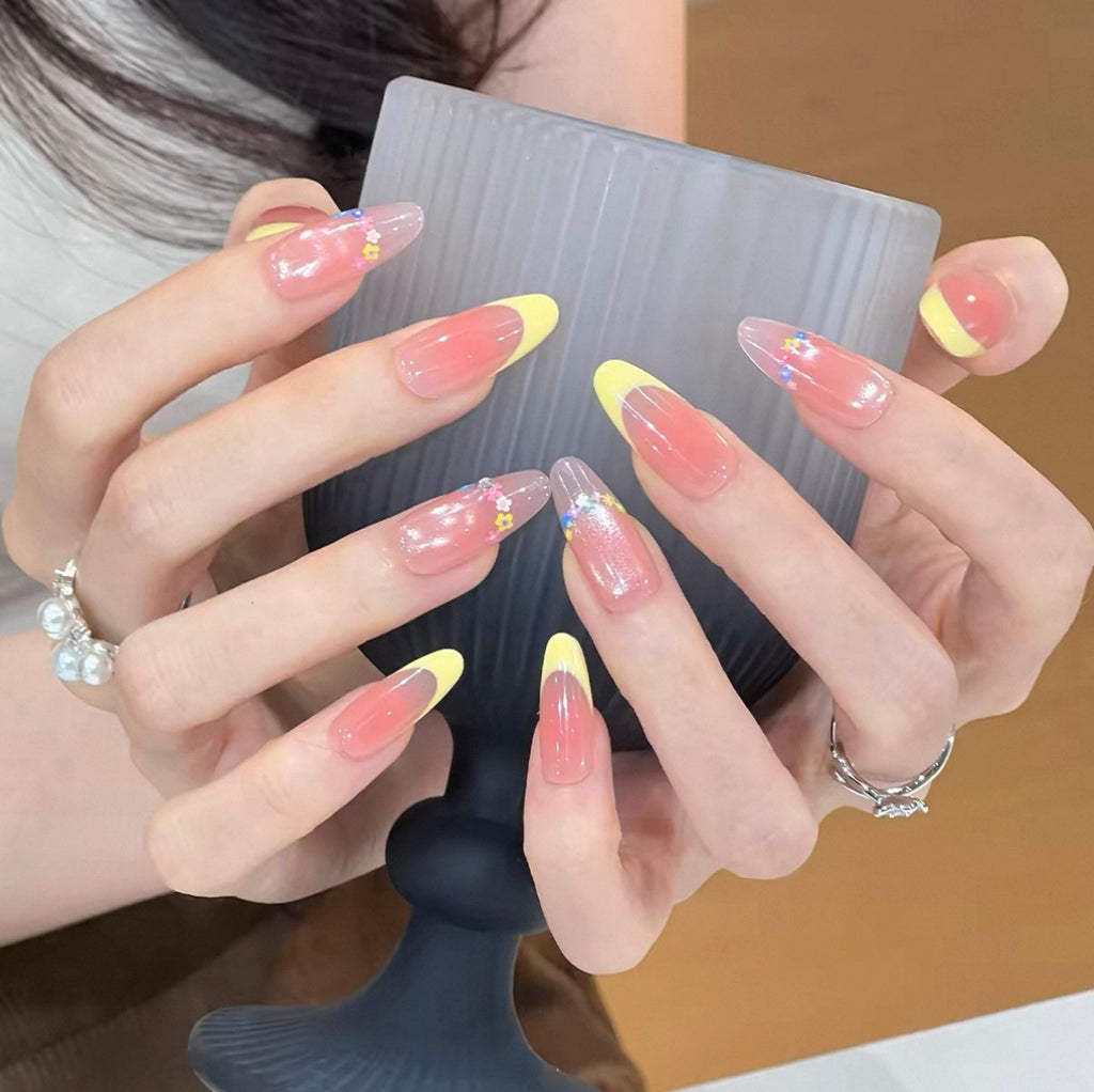 0.94-inch oval pink gradient French mango glitter wearing nail art